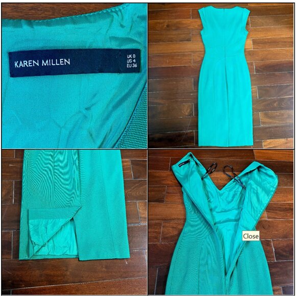 Karen Millen Elegant Bright Green V-Neck Structured Pencil Dress - Size 4 - Picture 16 of 16